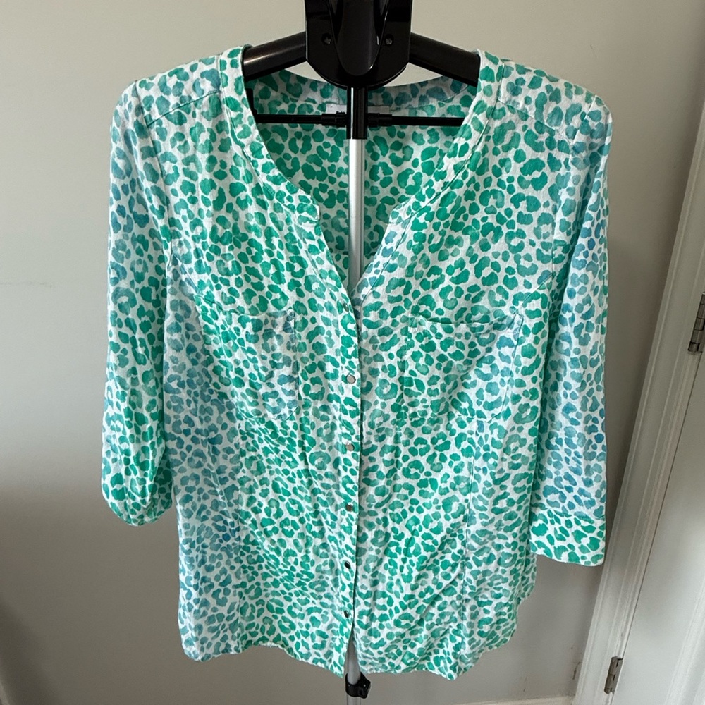 Womens Plus Size XL Linen Blend Top Animal Print Green Lightweight Blouse